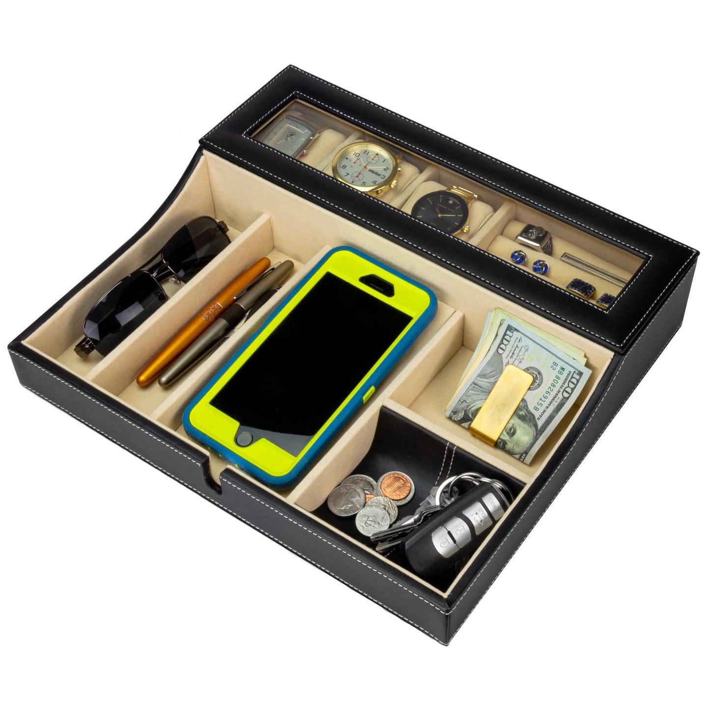 HOUNDSBAY Valet Organizer Navigator - Big Dresser Valet Tray Organizer with Watch Box & Angled Charging Station