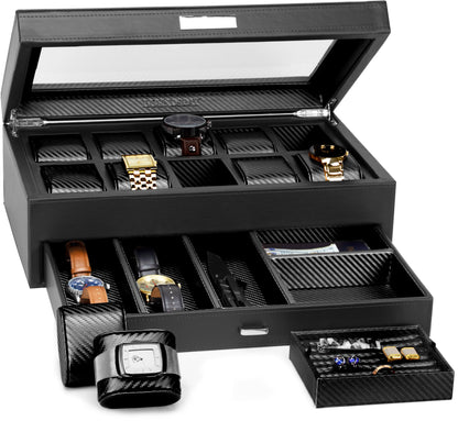 HOUNDSBAY Black & Black Carbon Fiber Yachtsman - Watch Box Display Case and Valet with Drawer Combo