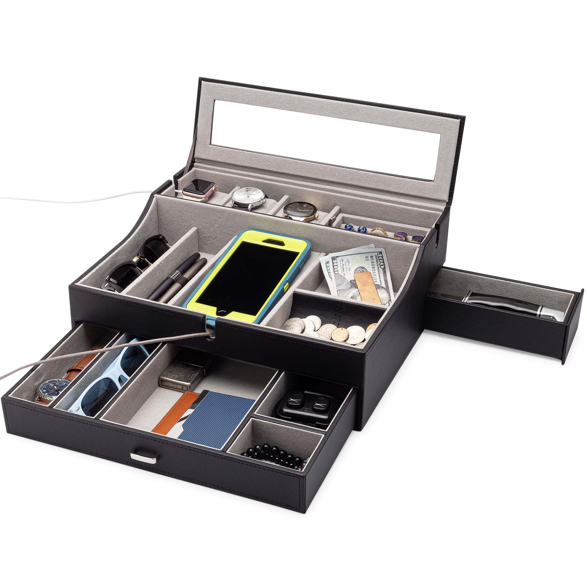 HOUNDSBAY Black & Grey Quartermaster Watch Box Display and Valet Combo with Drawers and Secret Side Drawer