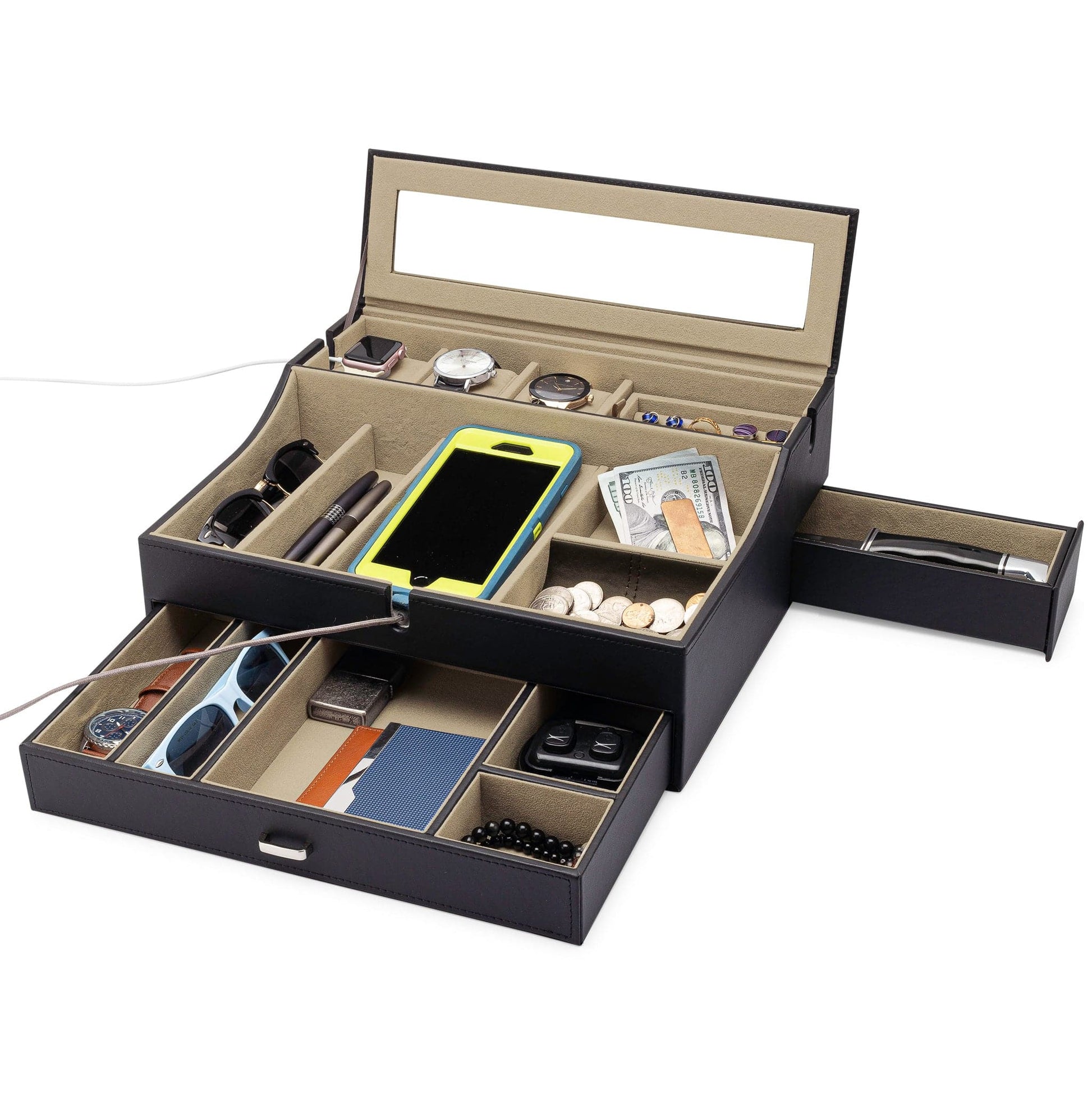 HOUNDSBAY Black & Ivory Quartermaster Watch Box Display and Valet Combo with Drawers and Secret Side Drawer