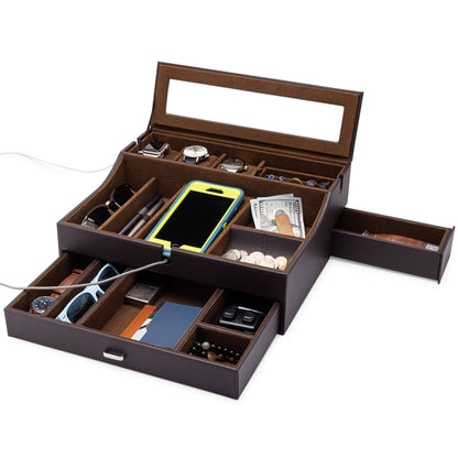 HOUNDSBAY Brown & Brown Quartermaster Watch Box Display and Valet Combo with Drawers and Secret Side Drawer