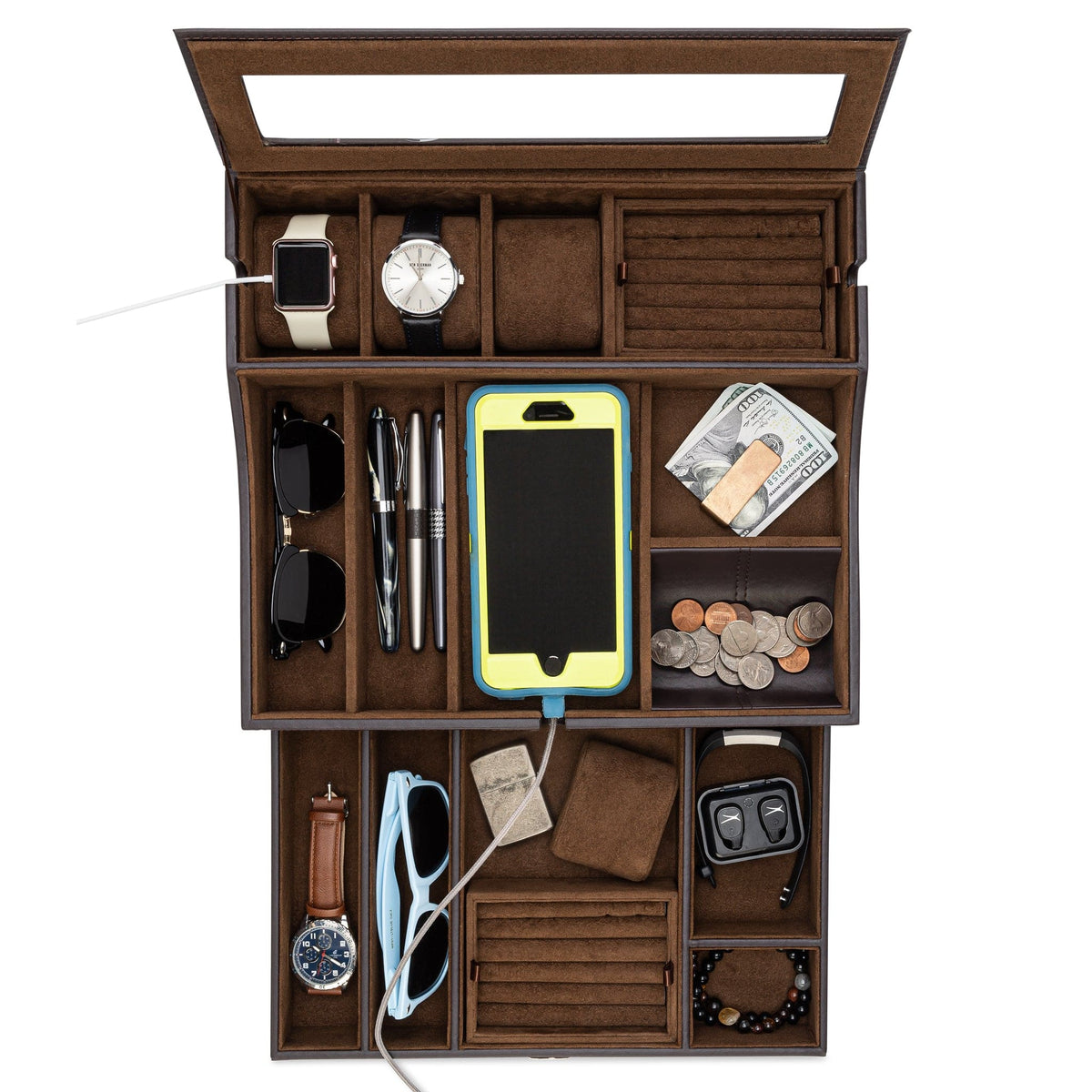 HOUNDSBAY Quartermaster Watch Box Display and Valet Combo with Drawers and Secret Side Drawer
