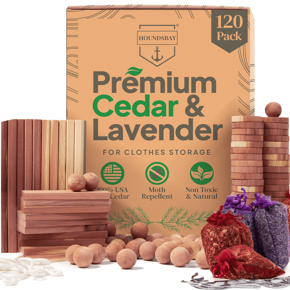HOUNDSBAY Shoe & Garment Care Cedar Variety Pack - 120 Pack Cedar Block Accessories for Closets & Drawers