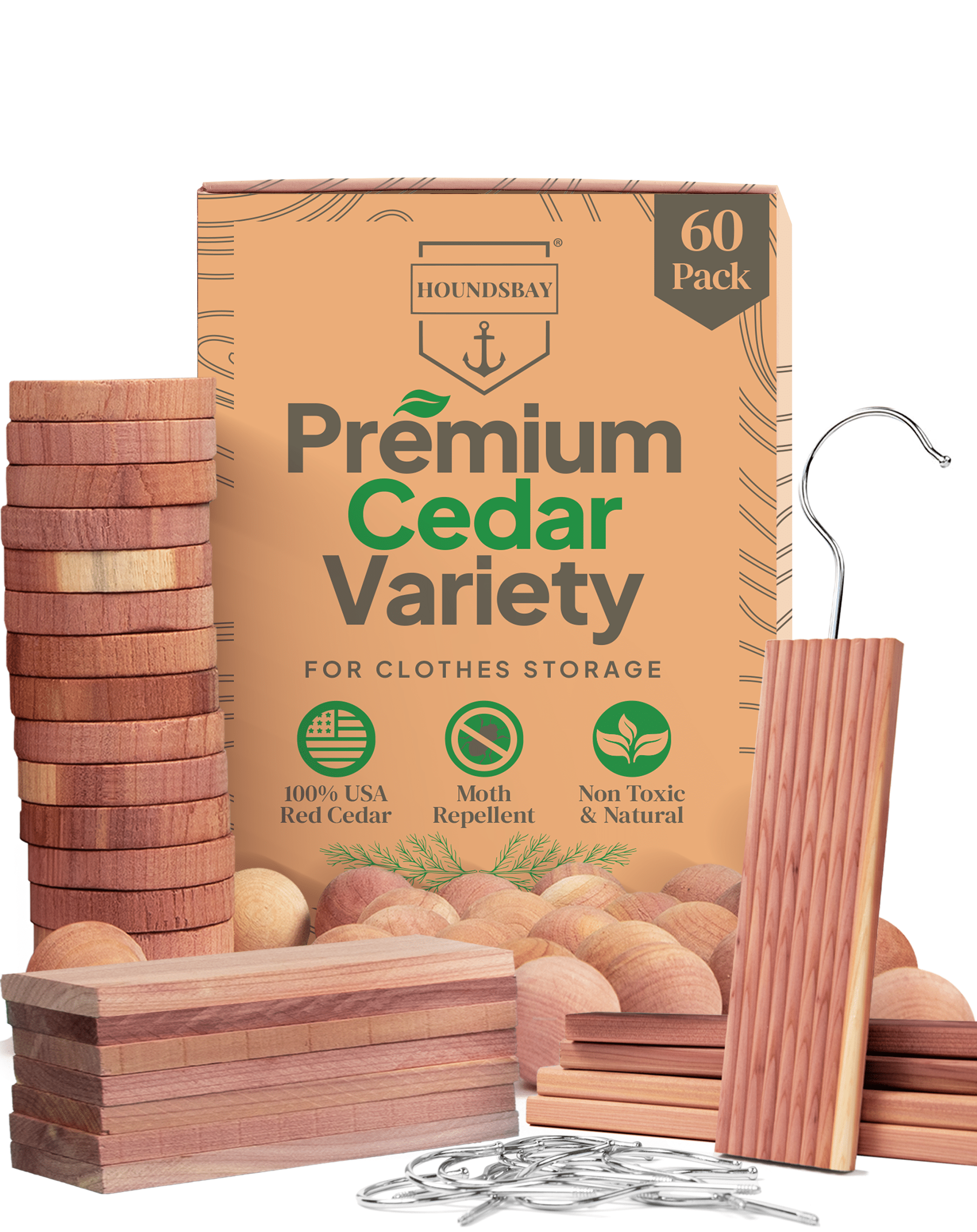 HOUNDSBAY Shoe & Garment Care Cedar Variety Pack - 60 Pack Cedar Block Accessories for Closets & Drawers