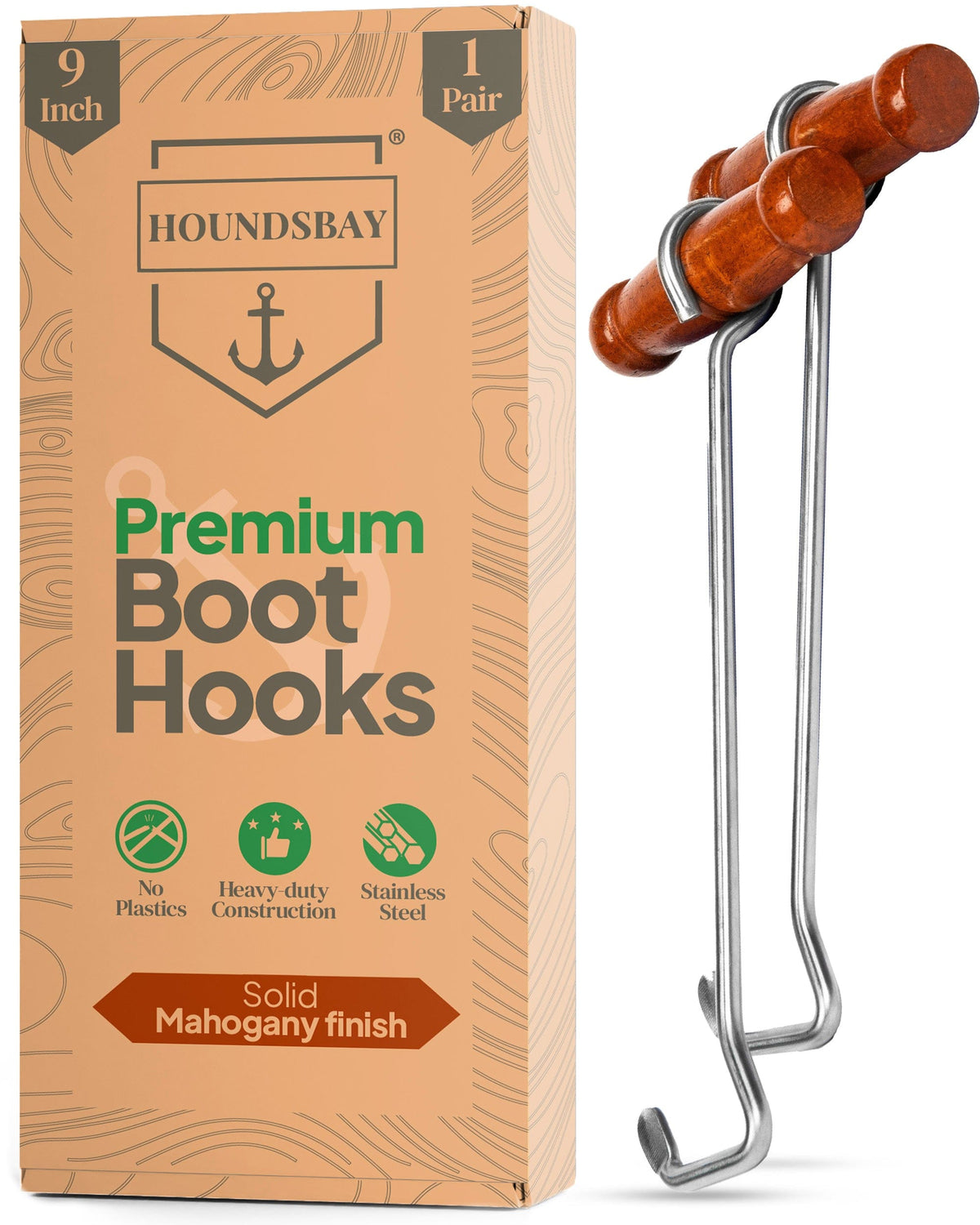 HOUNDSBAY Shoe Horn Dark Wood - 9" Boot Hooks for Cowboy and Tall Boots