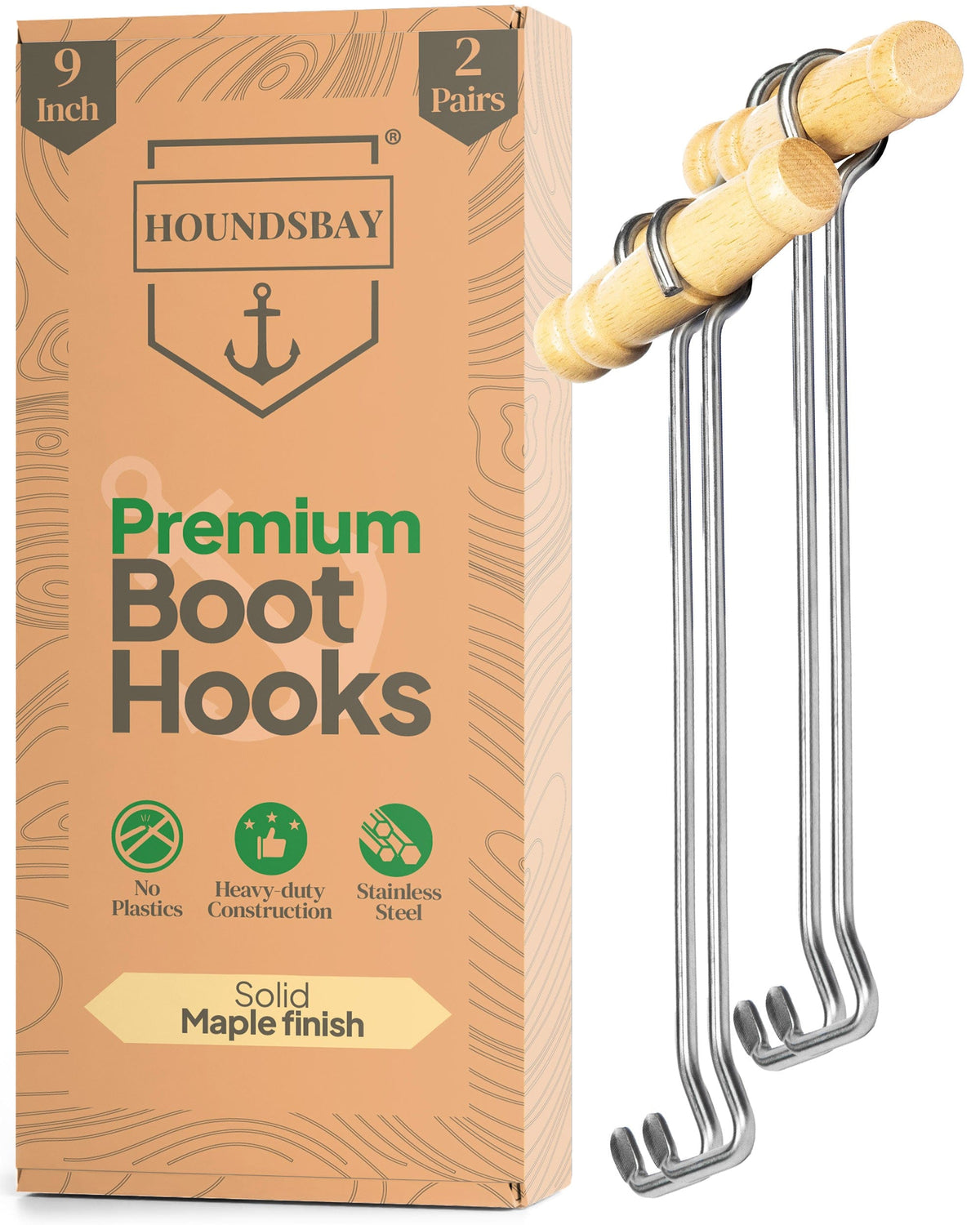 HOUNDSBAY Shoe Horn Light Wood - 9" (2 Pack) Boot Hooks for Cowboy and Tall Boots