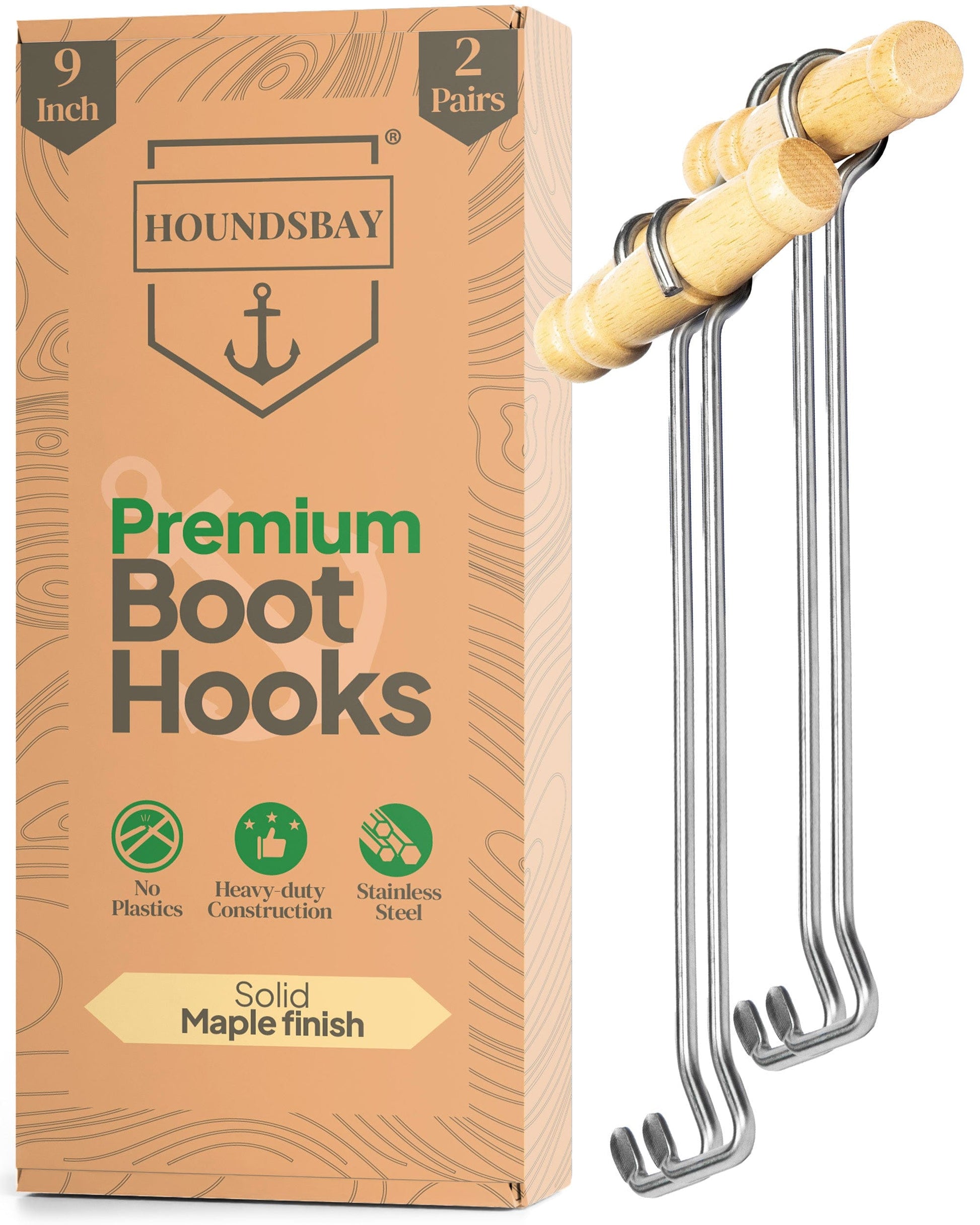 HOUNDSBAY Shoe Horn Light Wood - 9" (2 Pack) Boot Hooks for Cowboy and Tall Boots