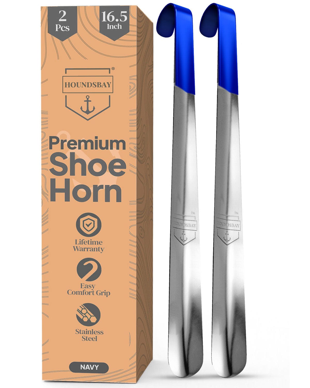 HOUNDSBAY Shoe Horn Navy / 16.5" (2 Pack) Extra-Long Handled Metal Shoe Horn