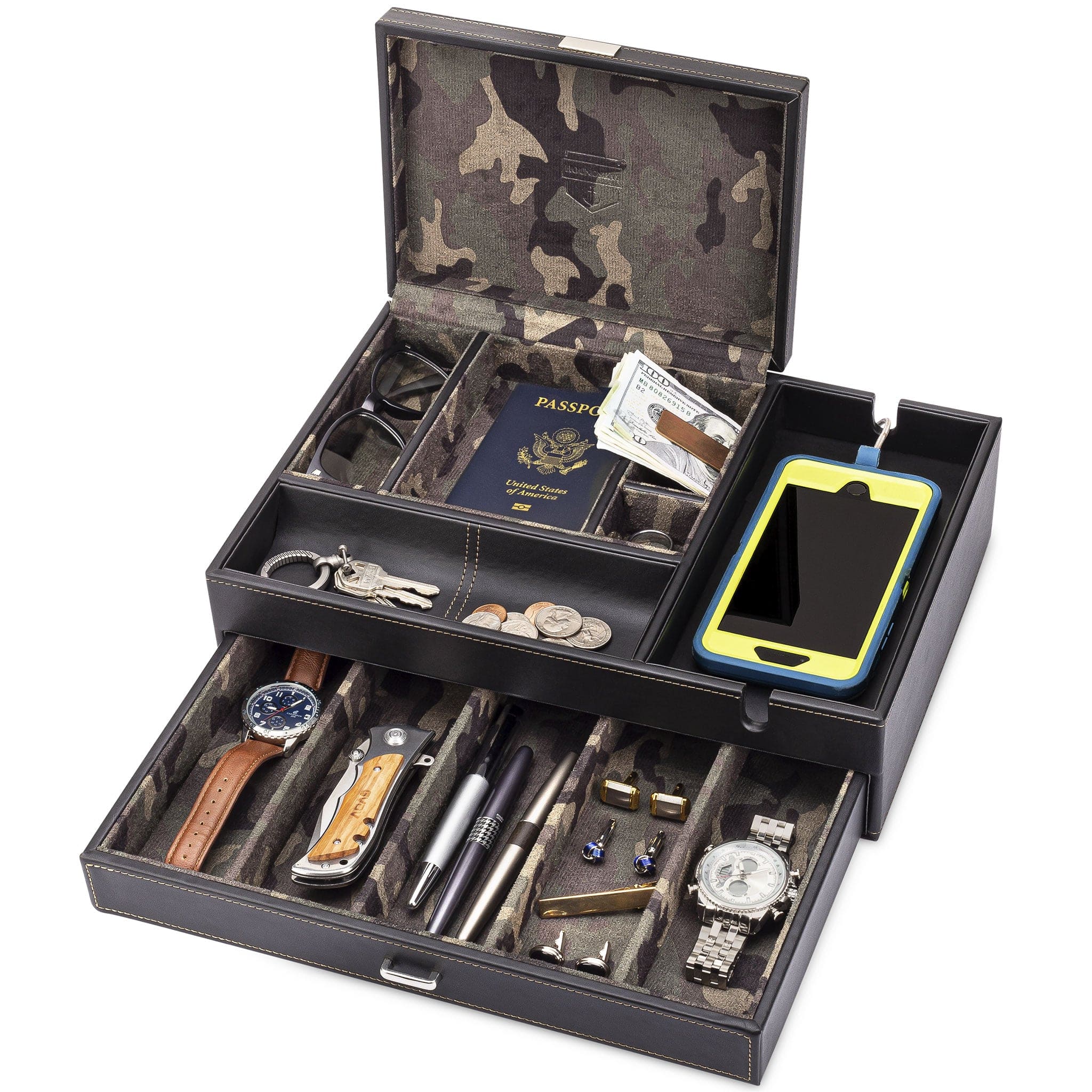 HOUNDSBAY 2024 Commander Dresser Valet Watch Box Case & Mens Jewelry Box