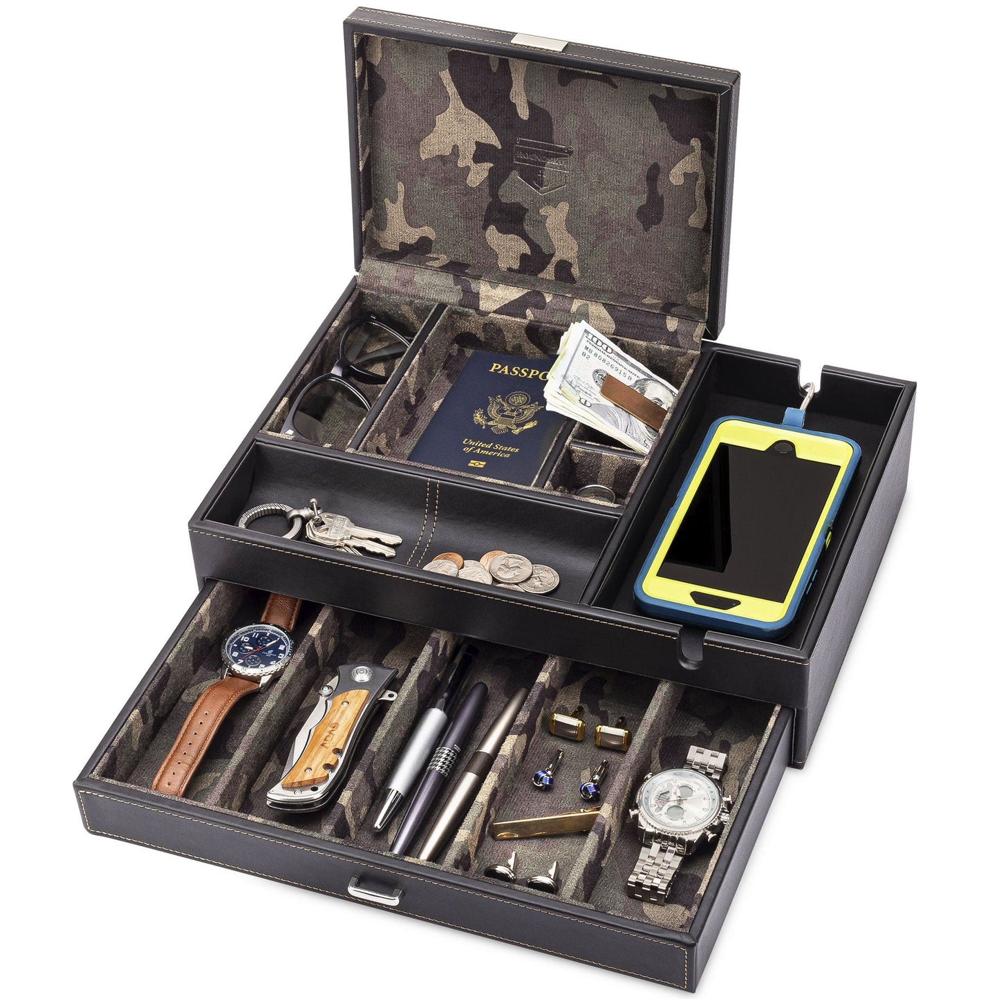 HOUNDSBAY Valet Organizer Admiral - Big Dresser Valet Box Organizer with Large Smartphone Charging Station