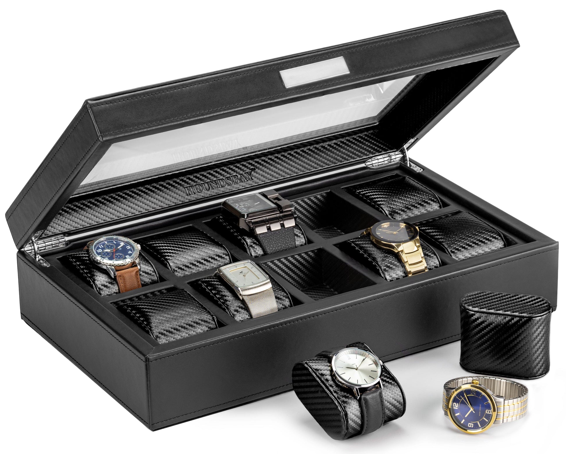 HOUNDSBAY Watch Box Black / Black Carbon Fiber Mariner - Watch Display Box with Carbon Fiber Patterned Interior - 10 Watches