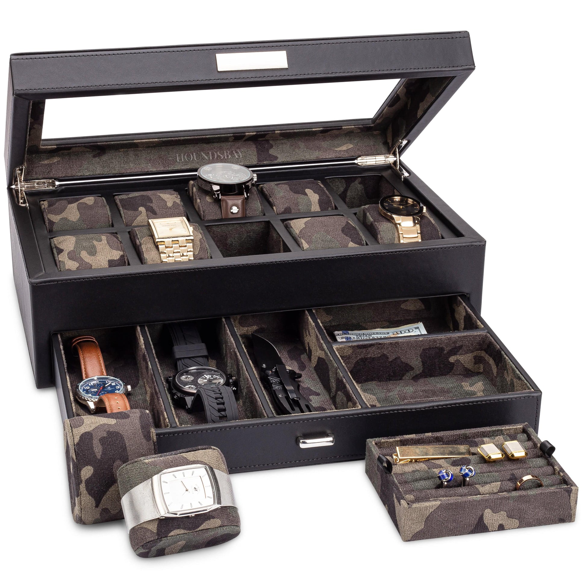 HOUNDSBAY Woodland Camo Yachtsman - Watch Box Display Case and Valet with Drawer Combo