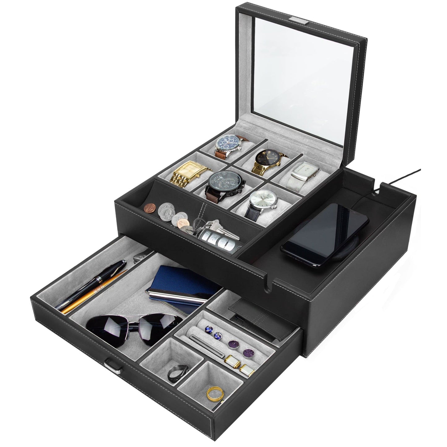 HOUNDSBAY Valet Organizer Black / Gray Commander Valet - Dresser Valet & Watch Box Combo