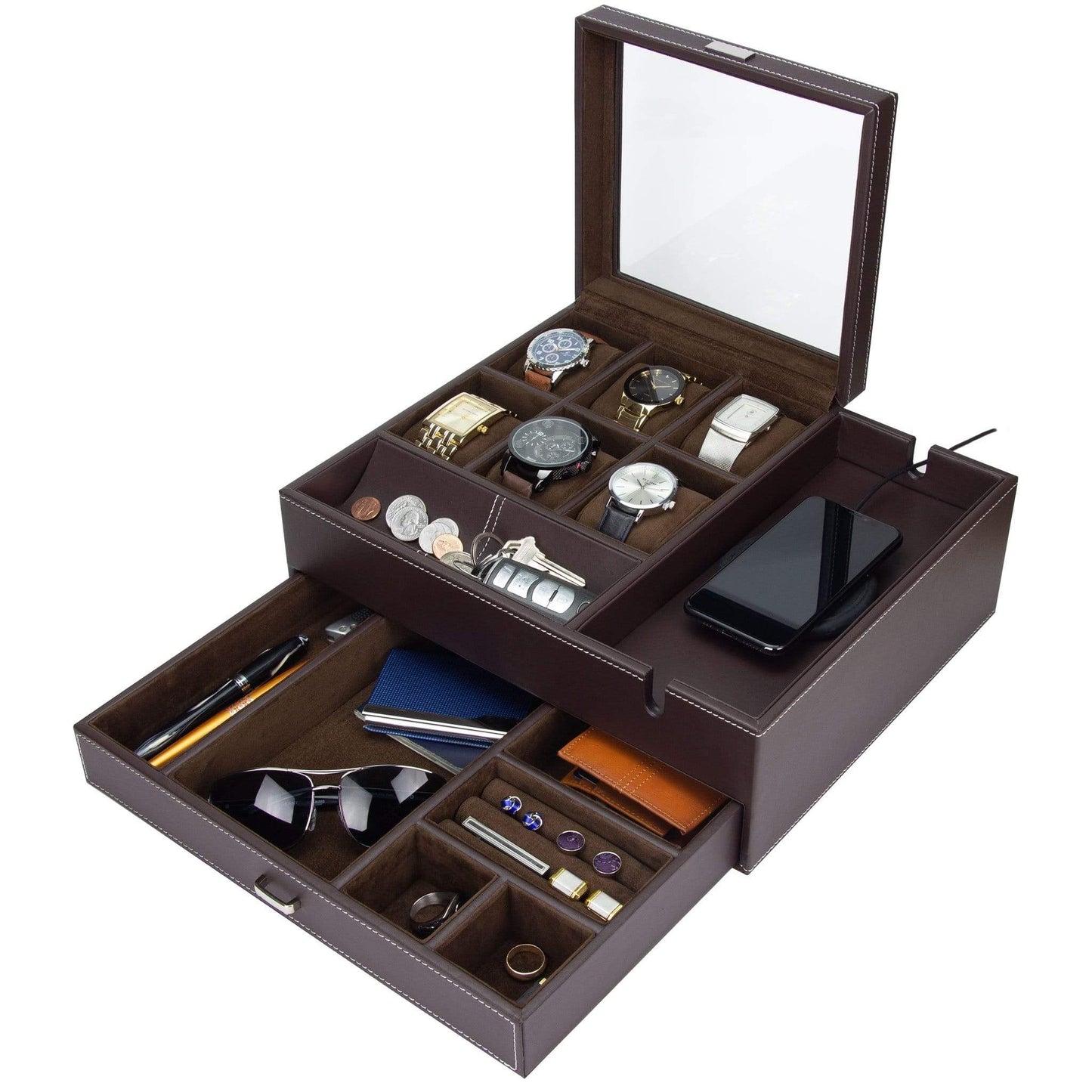 HOUNDSBAY Valet Organizer Brown / Brown Commander Valet - Dresser Valet & Watch Box Combo