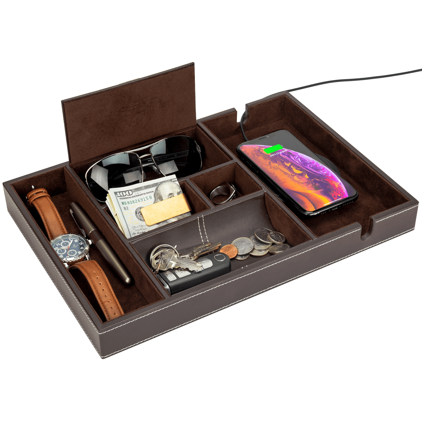HOUNDSBAY Valet Organizer Brown Brown The Victory - Valet Tray for Men with Large Smartphone Charging Station