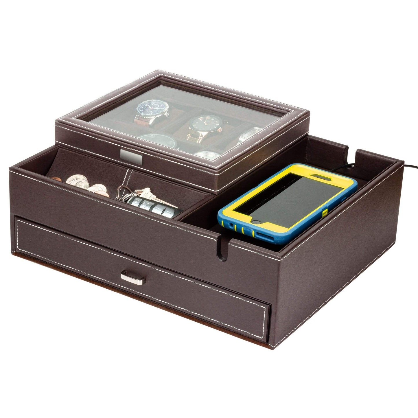 HOUNDSBAY Valet Organizer Commander Valet - Dresser Valet & Watch Box Combo