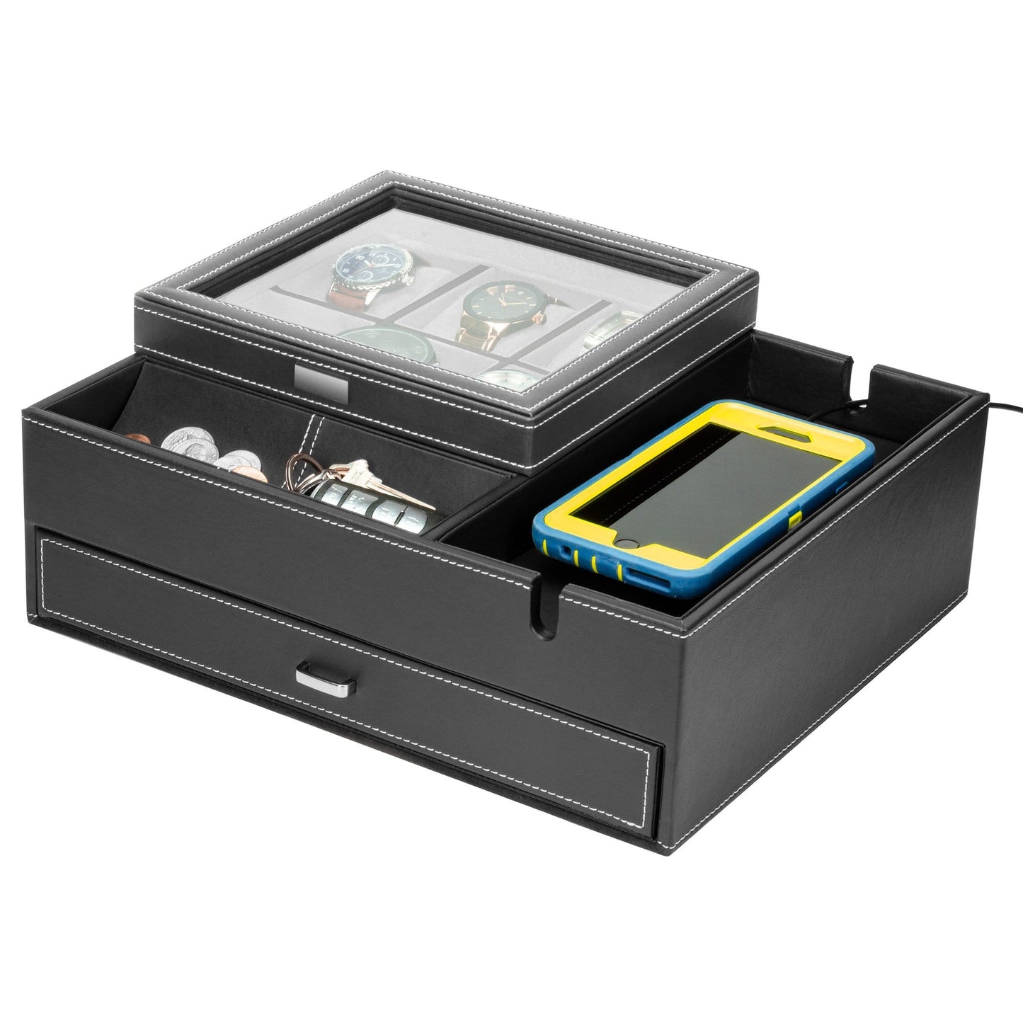 HOUNDSBAY Valet Organizer Commander Valet - Dresser Valet & Watch Box Combo