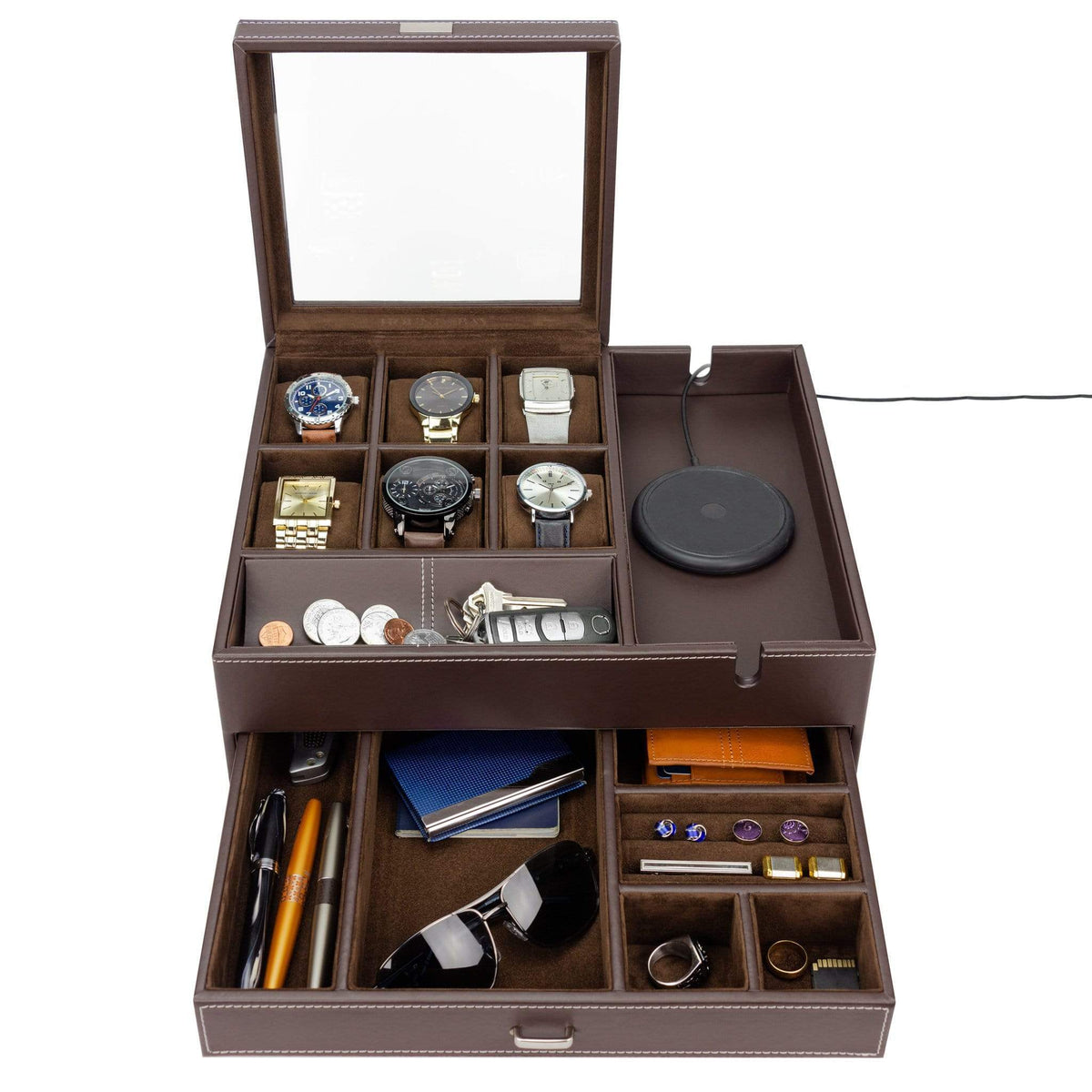 HOUNDSBAY Valet Organizer Commander Valet - Dresser Valet & Watch Box Combo