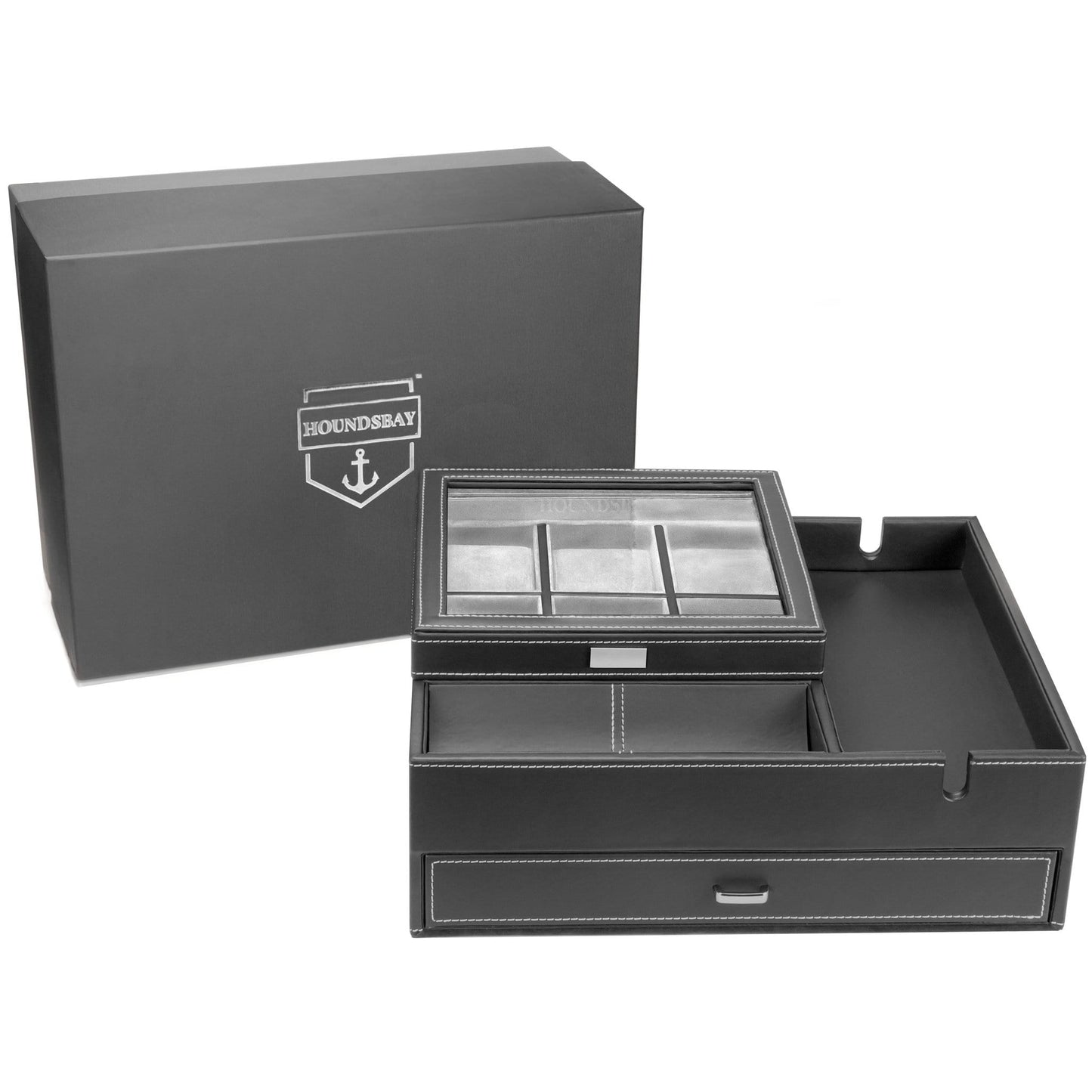 HOUNDSBAY Valet Organizer Commander Valet - Dresser Valet & Watch Box Combo