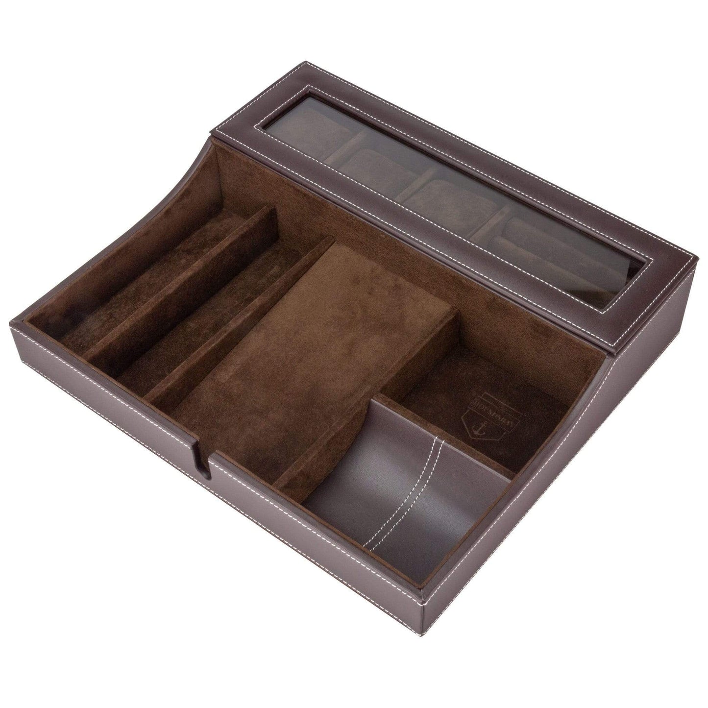 HOUNDSBAY Valet Organizer Navigator - Big Dresser Valet Tray Organizer with Watch Box & Angled Charging Station