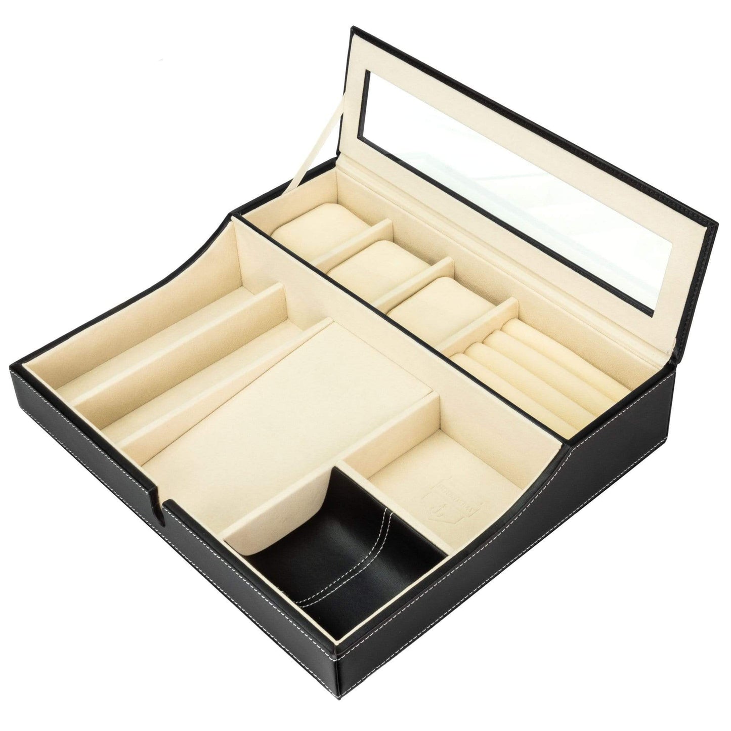 HOUNDSBAY Valet Organizer Navigator - Big Dresser Valet Tray Organizer with Watch Box & Angled Charging Station