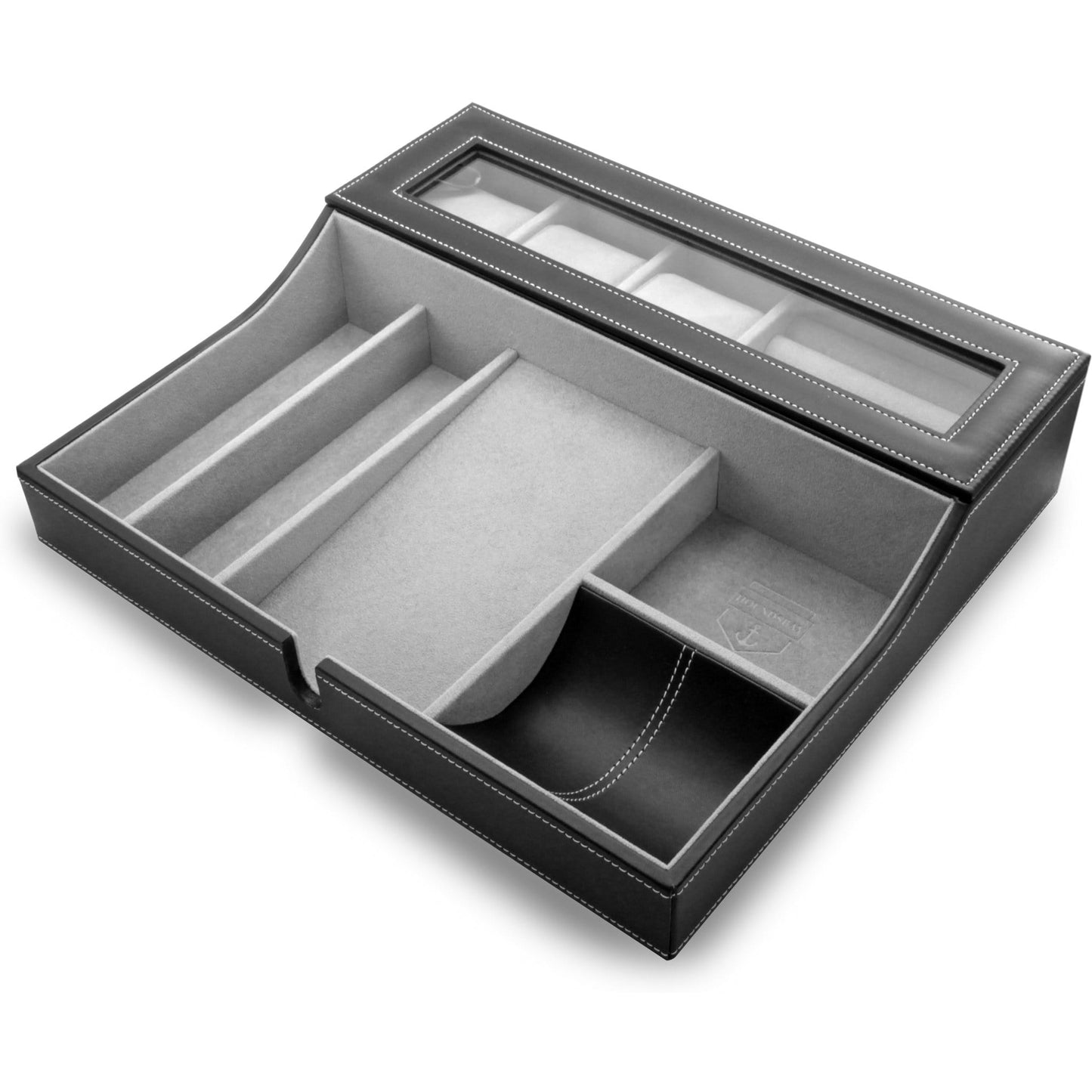 HOUNDSBAY Valet Organizer Navigator - Big Dresser Valet Tray Organizer with Watch Box & Angled Charging Station