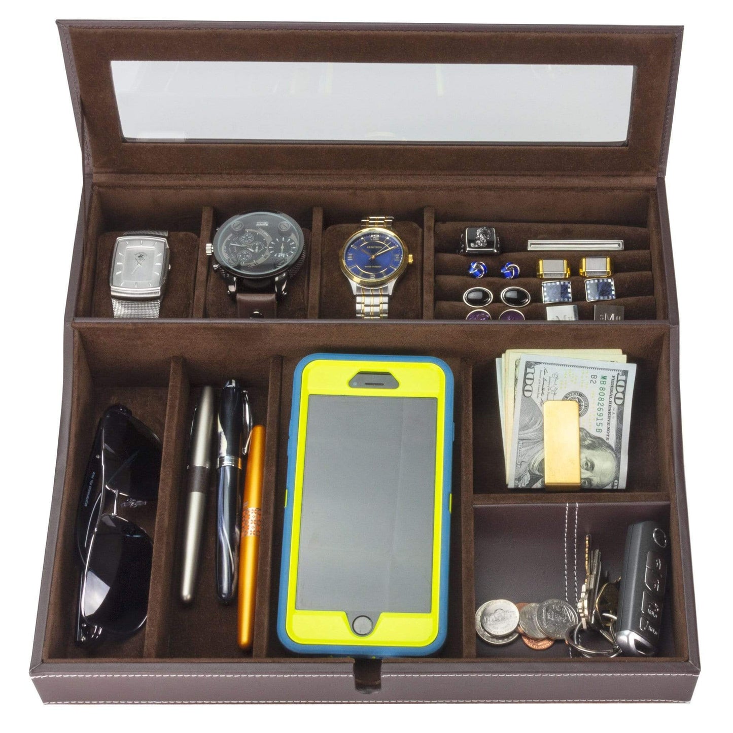 HOUNDSBAY Valet Organizer Navigator - Big Dresser Valet Tray Organizer with Watch Box & Angled Charging Station