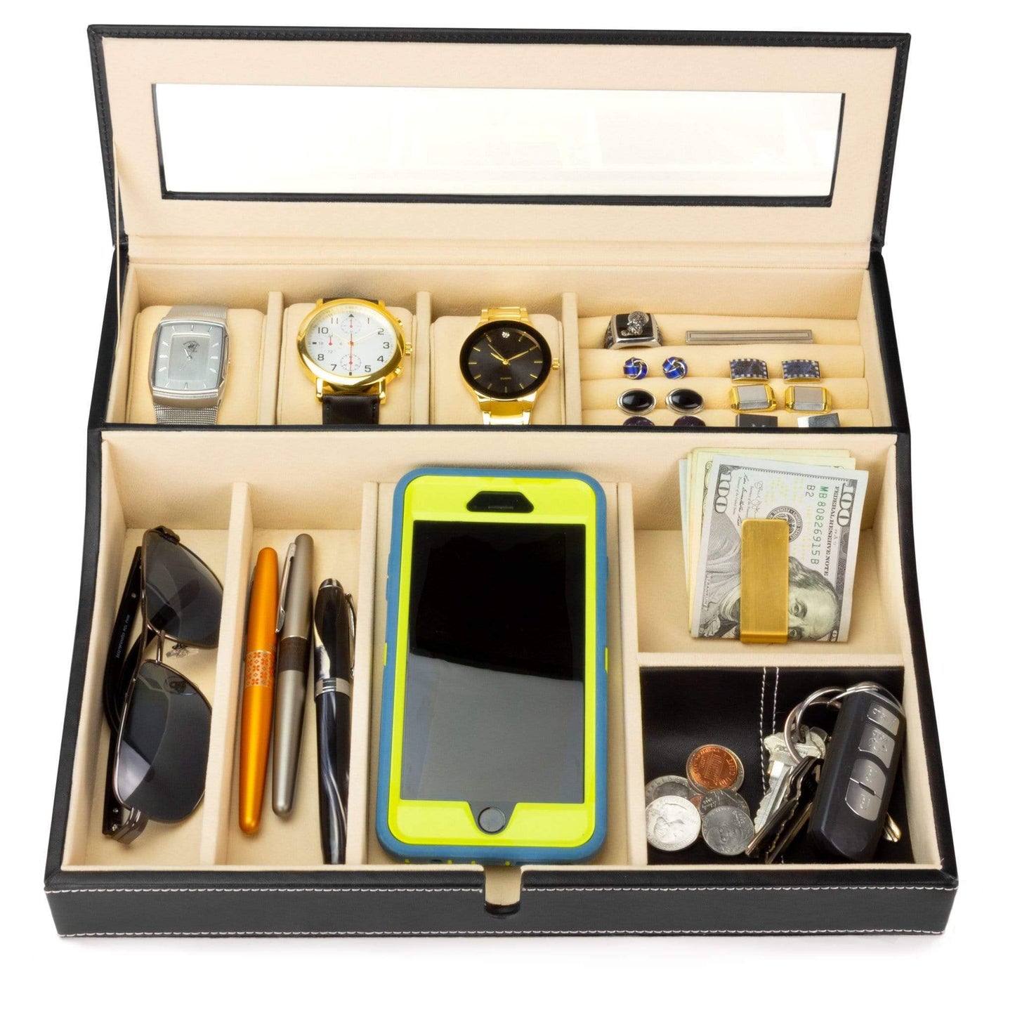 HOUNDSBAY Valet Organizer Navigator - Big Dresser Valet Tray Organizer with Watch Box & Angled Charging Station