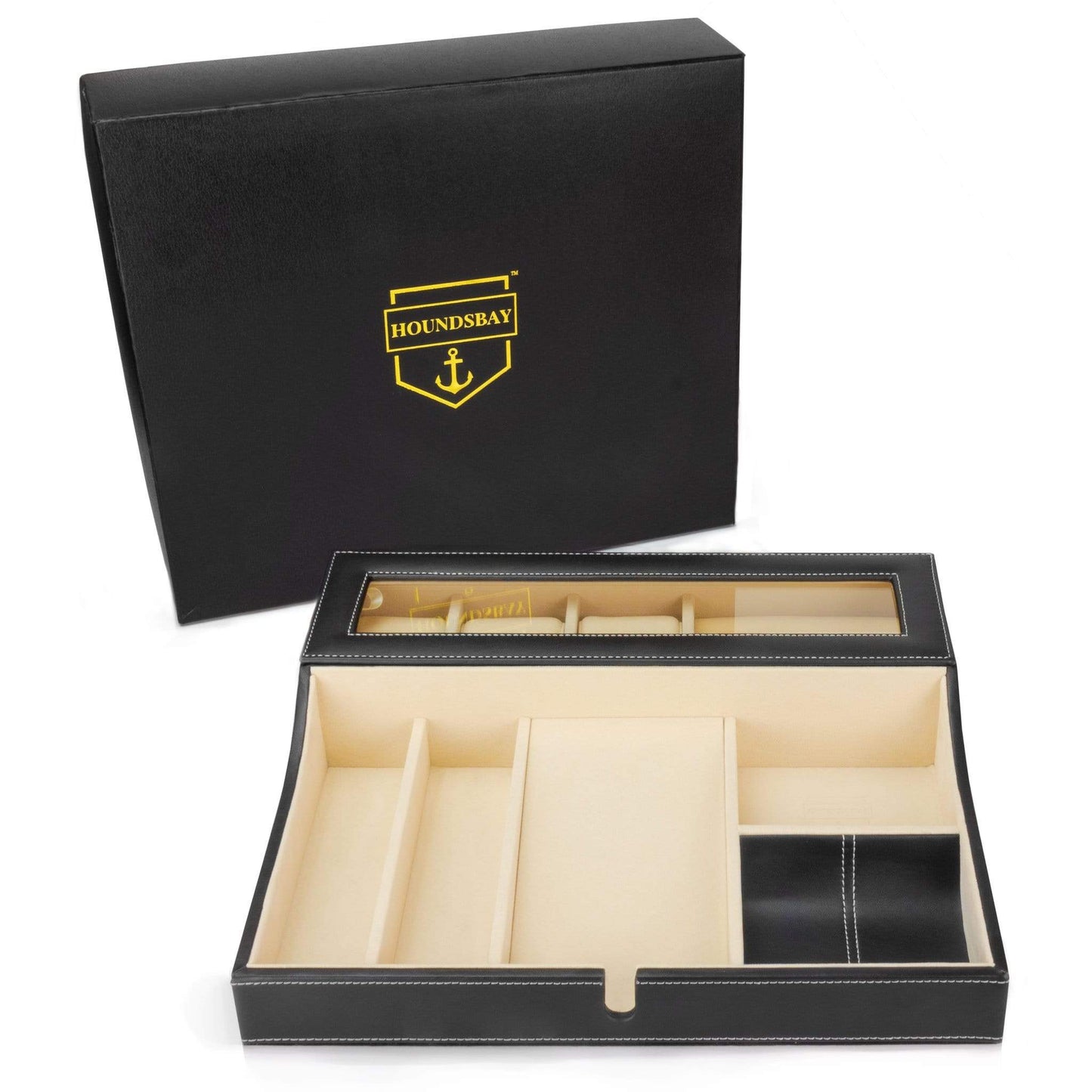 HOUNDSBAY Valet Organizer Navigator - Big Dresser Valet Tray Organizer with Watch Box & Angled Charging Station