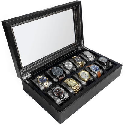 HOUNDSBAY Watch Box Black The Mariner - Watch Display Box with Carbon Fiber Patterned Interior - 10 Watches
