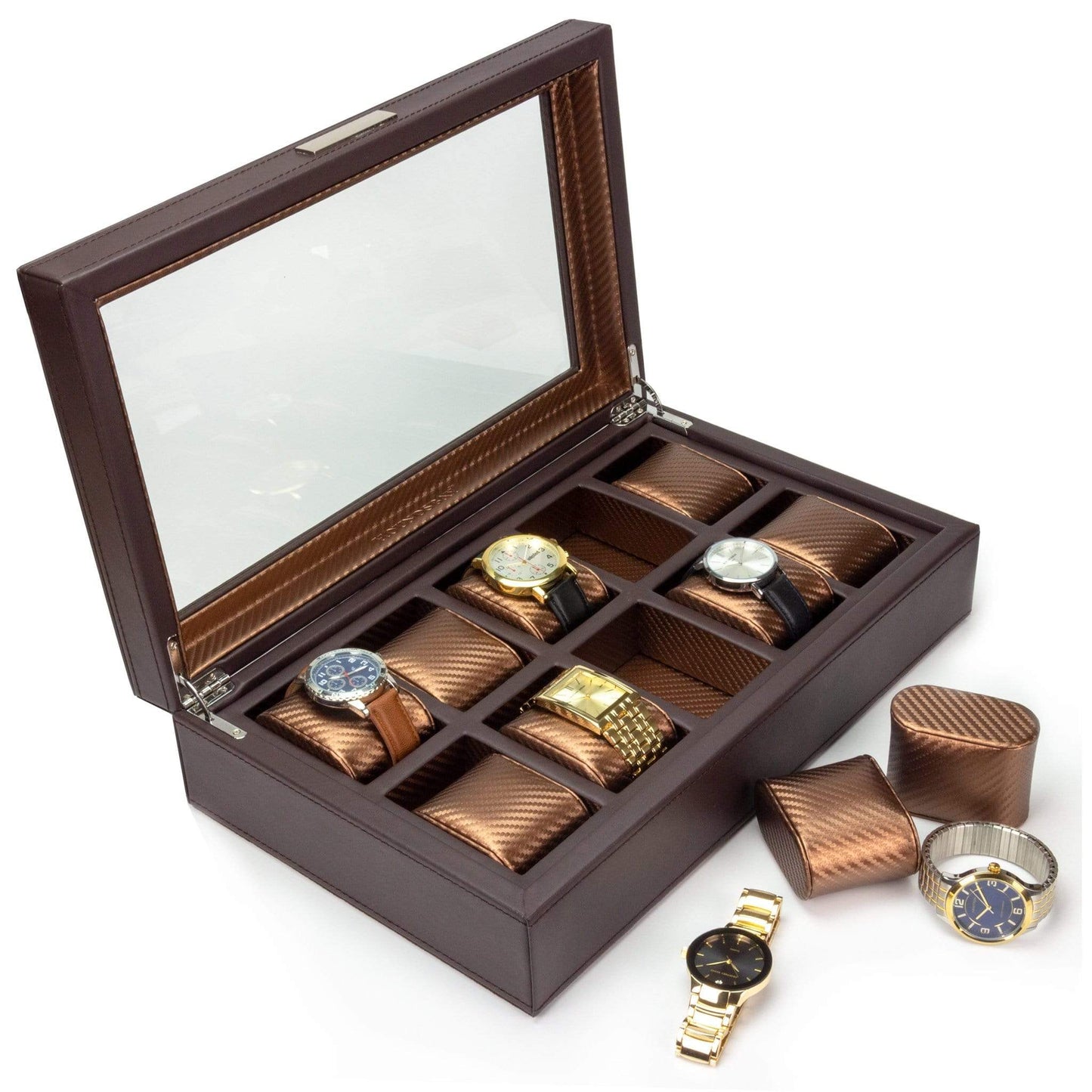 HOUNDSBAY Watch Box Dark Brown The Mariner - Watch Display Box with Carbon Fiber Patterned Interior - 10 Watches